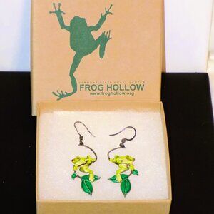 New Artisan Signed Sterling Silver Handcrafted Frog on Vine Drop Earrings